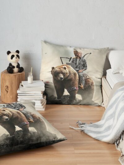 Joe Rogan Riding A Bear (+ Aliens) Throw Pillow Official Joe Rogan Merch