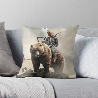 Joe Rogan Riding A Bear (+ Aliens) Throw Pillow Official Joe Rogan Merch